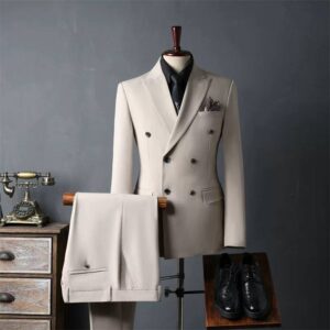 Classic Peak Lapel 3-Piece Slim Fit Men’s Suit- Cream Beige